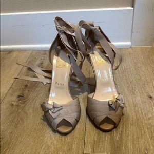 Christian Louboutin Tan Peep-Toe Heels with Ankle Straps
